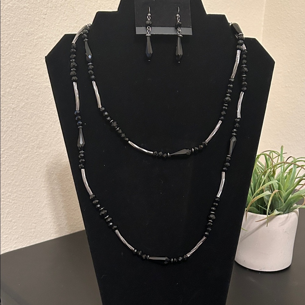 Black Beaded Necklace and Earring Set